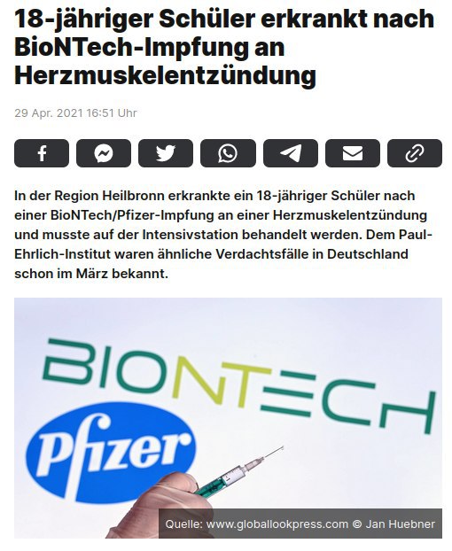 18-jähriger Schüler erkrankt nach BioNTech-Impfung an Herzmuskelentzündung In der Region Heilbronn erkrankte ein 18-jähr...