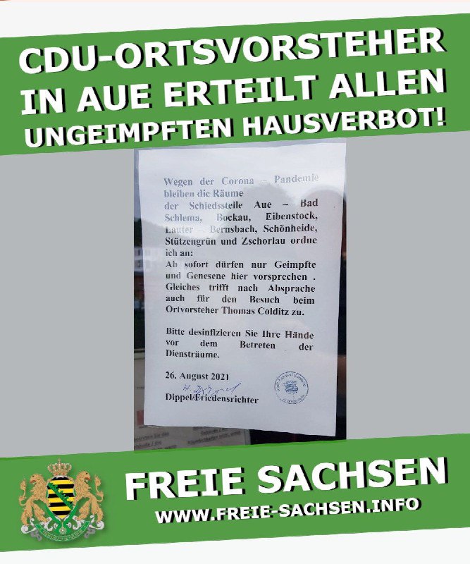 Aue: CDU-Ortsvorsteher Thomas Colditz erteilt allen Ungeimpften Hausverbot!Diese Arroganz ist unglau...
