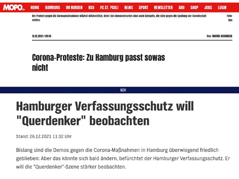 Bananenrepublik.MOPO, 13.12.2021:“Corona-Proteste: Zu Hamburg passt sowas nicht”“Der Protest gegen die Coronamaßnahmen w...