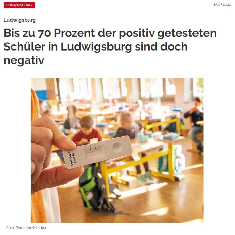 Bis zu 70 Prozent der positiv getesteten Schüler in Ludwigsburg sind doch negativDas sind in WORTEN 70% Prozent FALSCH P...