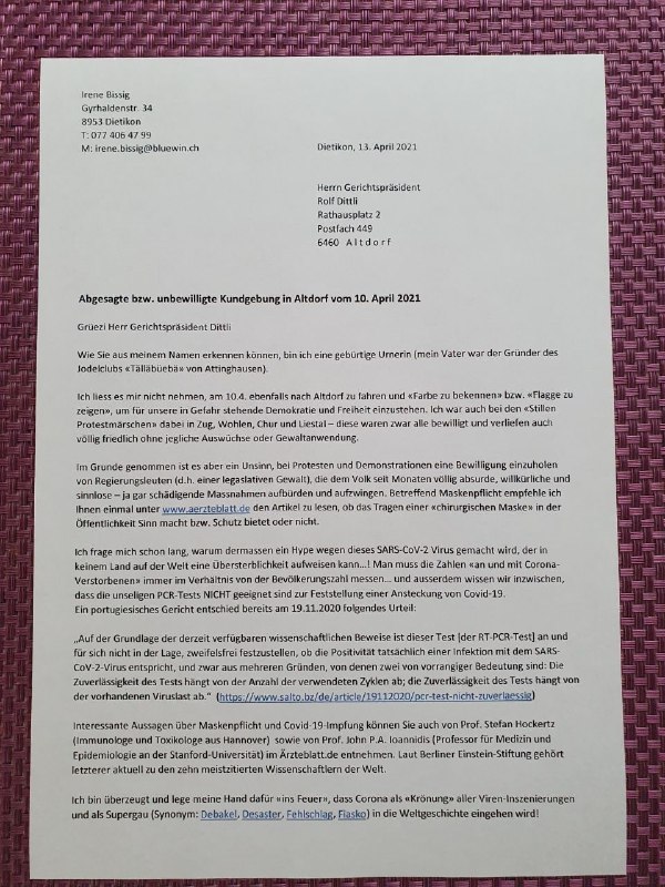 Brief an den Gerichtspräsidenten in Altdorf in der Schweiz...