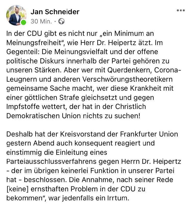 CDU wirft Querdenken-Redner aus der Partei!Schaut Euch die Erklärung von CDU-Politiker Schneider an....