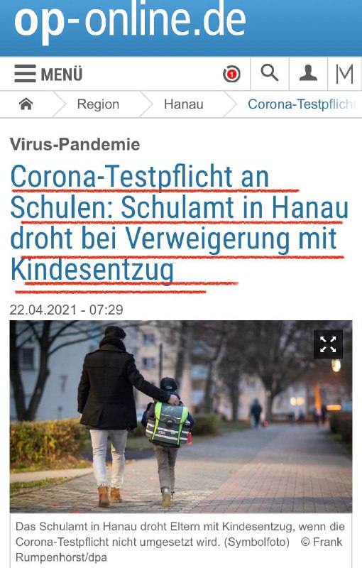 „Corona-Testpflicht an Schulen in Hanau: Ministerium droht mit Kindesentzug.“„Doch nun ist ein Schreiben des hessischen ...