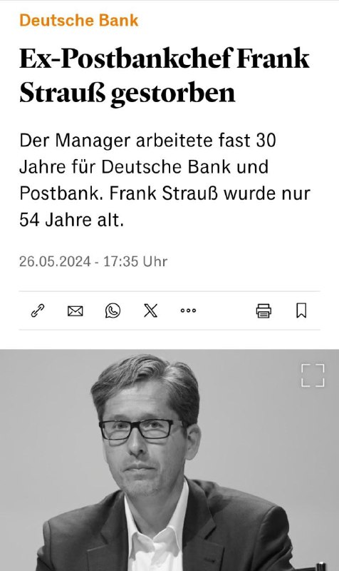 Der ehemalige Postbank-Chef Frank Strauß ist tot. Strauß war in der vergangenen Woche "plötzlich und...