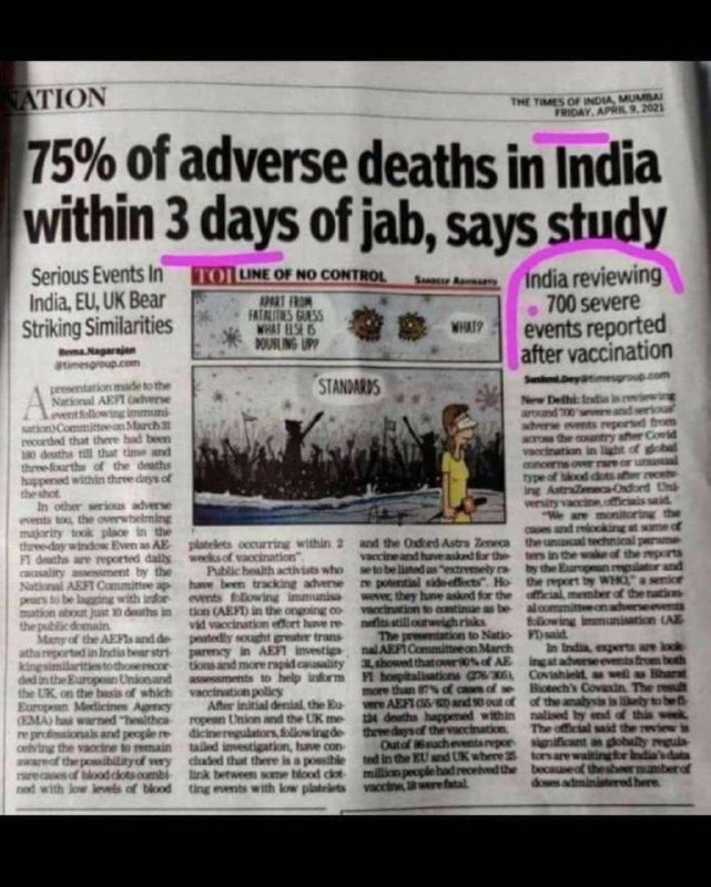 Die Times of India berichtet, dass 75 % der  Todesfälle in Indien innerhalb von 3 Tagen nach der Imp...