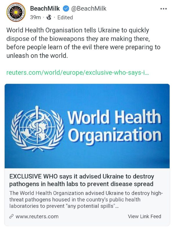 Die Weltgesundheitsorganisation fordert die Ukraine auf, die dort hergestellten Biowaffen rasch zu entsorgen, bevor die ...