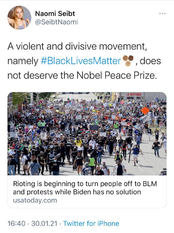 Eine gewalttätige und spaltende Bewegung wie BlackLivesMatter verdient keinen Friedensnobelpreis. ht...