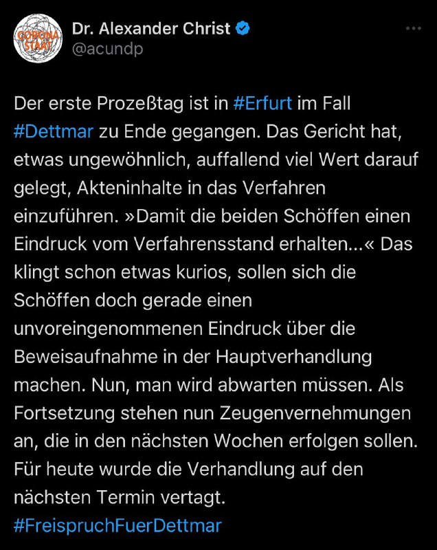 #FreispruchFuerDettmarErster Prozeßtag in Erfurt zu Ende #FreispruchFuerDettmar Bitte auf Telegram und vor allem auf Twi...