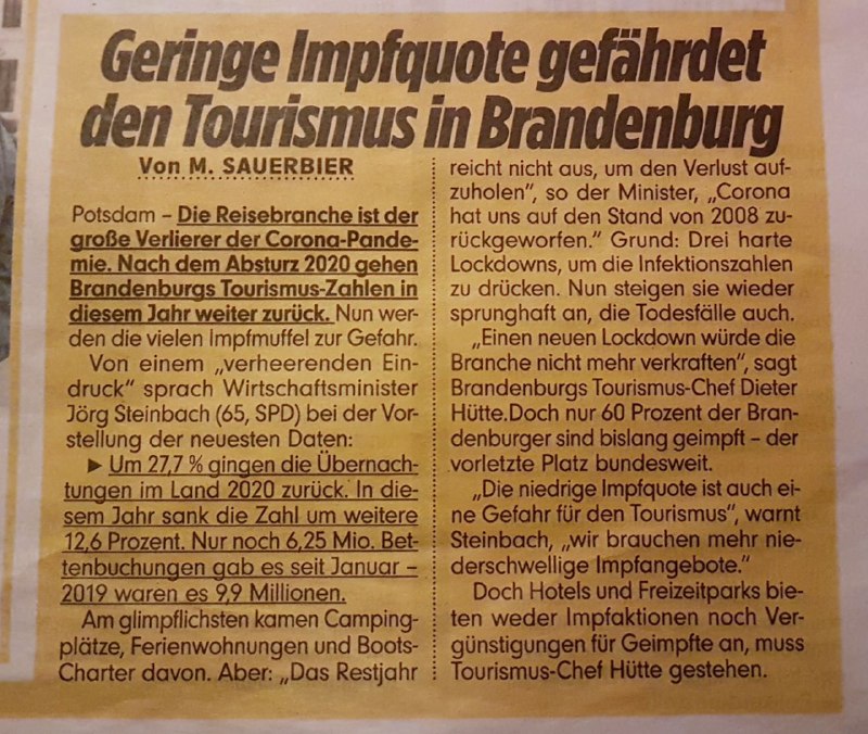 Geringe Impfquote gefährdet den Tourismus in Brandenburg- BZ Berlin, 28.10.2021...