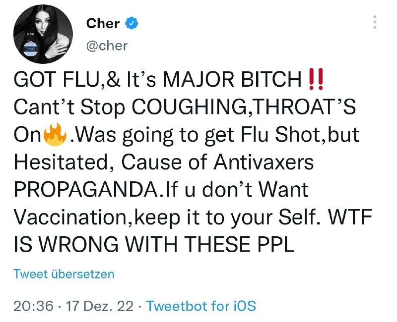 Gern geschehen Cher beschwert sich über eine Grippe. Sie wollte sich impfen lassen gegen Grippe, hat dann aber gezögert,...