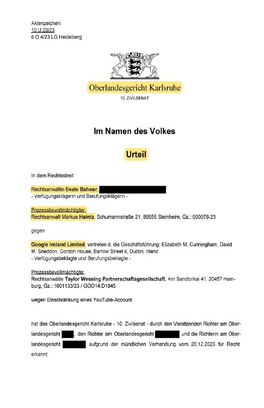 Haintz-legal.de: Erfolgreiche Berufung gegen Google nach Zensur eines YouTube-Videos von Rechtsanwältin Beate Bahner (X-...