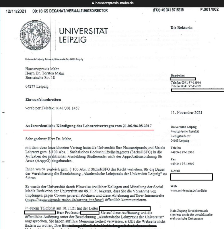 Ich hatte berichtet:Universität Leipzig kündigt nun Dr. Mahn  Lehrarztvertrag, weil dieser Patienten, die zur Impfung ge...