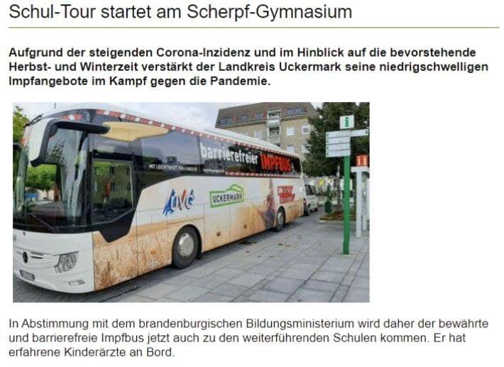 Impfbus an Schulen im Landkreis Uckermark unterwegs Ab dem 1. September ist der Impfbus an den Schu...