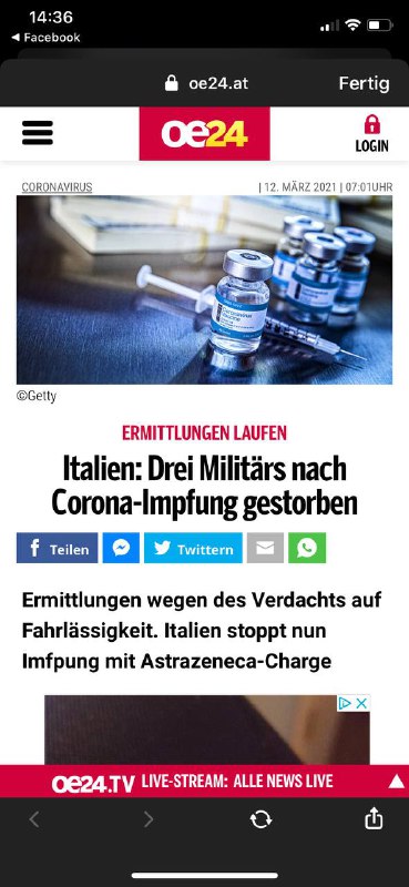 Italien 3 Militär Angehörige nach der Corona Impfung Gestorben Artikel von heute den 12.03.21Hier https://www.oe24.at/co...