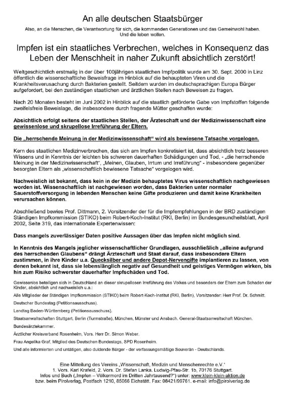 Karl Krafeld & Dr. Stefan LankaAn alle deutschen Staatsbürger - Impfen ist ein staatliches Verbrechen, welches in Ko...