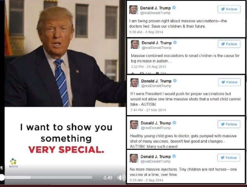 Kollage von Trump-Tweets von 2012-2014, wo er sich impfkritisch zeigte. Bis zu seiner Amtseinführung...