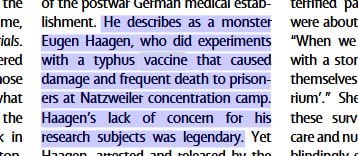 Nazi-Impfexperimente von Eugen Haagen im KZ Natzweiler mit Typhus-Impfstoff.- "Nazi medicine and rese...
