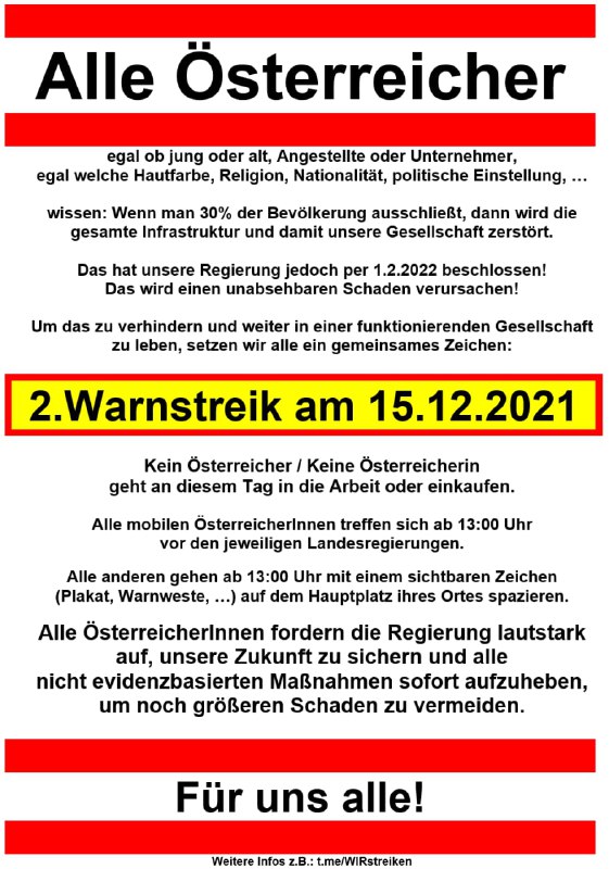 ÖsterReichts: 2. WARNSTREIK am 15.12.2021!Liebe GrüßeEuer FestLinz TeameMail: info@festlinz.atFolge ...