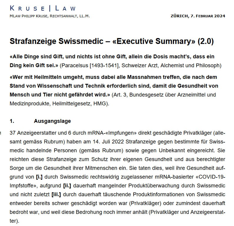 PUBLIKATION der STRAFANZEIGE gegen SWISSMEDIC vom 7. Feb. 2024  (Strafanzeige 2.0)Die Evidenzlage hat sich im Vergleich zur Erstfassung vom 14. Juli 2022 in sämtlichen Bereichen dr...