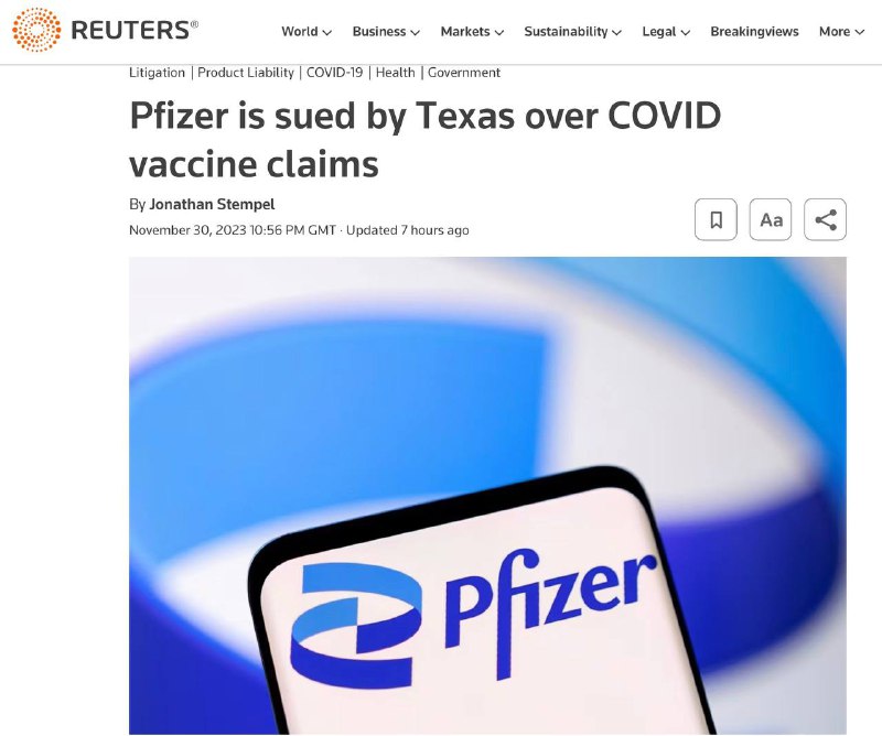 „Pfizer wird vom texanischen Generalstaatsanwalt Ken Paxton verklagt, der den Arzneimittelhersteller  beschuldigt, die W...