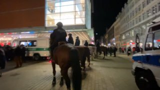 Polizisten reitet mit Pferd fast in die Menge...
