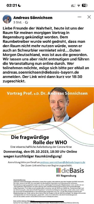 Prof. Sönnichsen wollte heute Abend einen Vortrag zu seinem Buch »Die Angst und Lügenpandemie« und der Rolle der WHO in ...