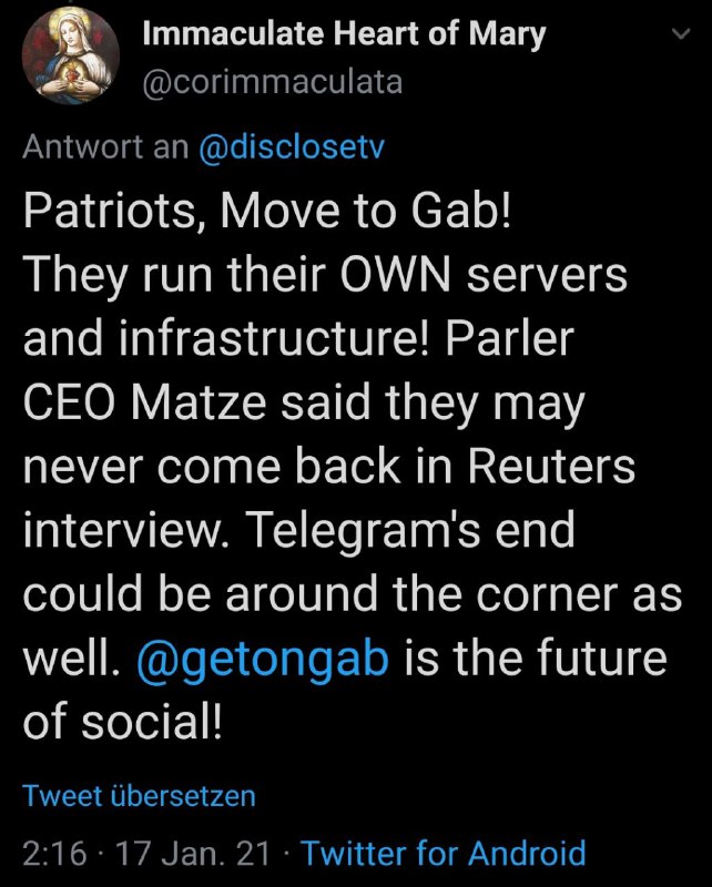 @Q_GoldPatriots, Move to Gab! Sie betreiben ihre EIGENEN Server und Infrastruktur! Parler-CEO Matze...