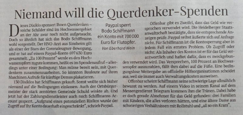 ShameMedium Stuttgart: Stgt Ztg v. 05.08.2021, erste Seite "Niemand will die Querdenker-Spenden" von...