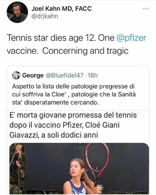 Tennis star dies age 12. One Pfizer vaccine. Concerning and tragic Did you see this on MSM? My guess...