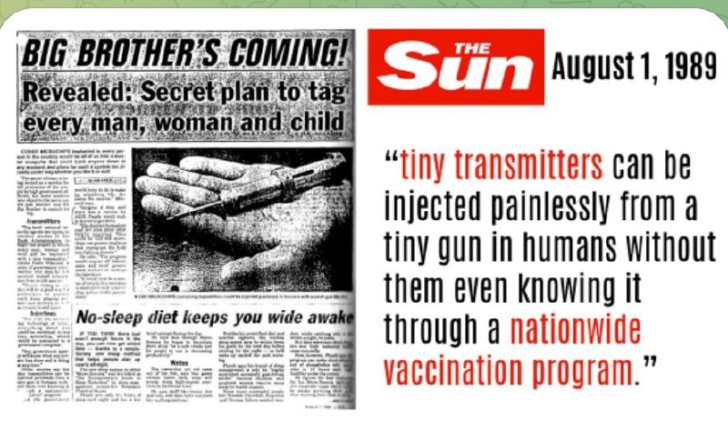 The Sun 1989 - using Swine Flu pandemic to get people MicroChipped30 YEARS LATER we have COVID and ID2020 -  delivers RF...