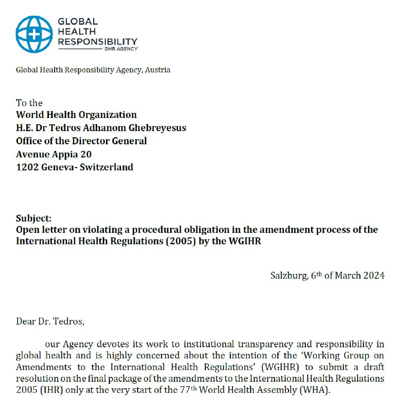 WHO: Offener Brief der Global Health Responsibility Agency (GHRA) vom 6. März 2024  an den Generaldirektor der WHODie WH...
