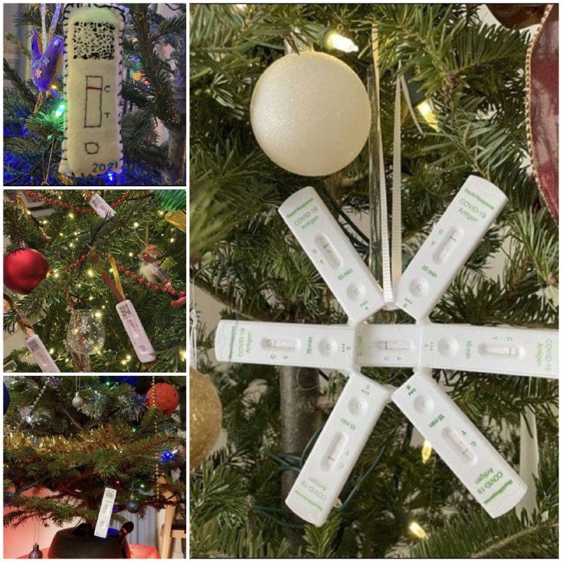 A handful of the covid test "Christmas tree decorations" posted on social media.These people are der...