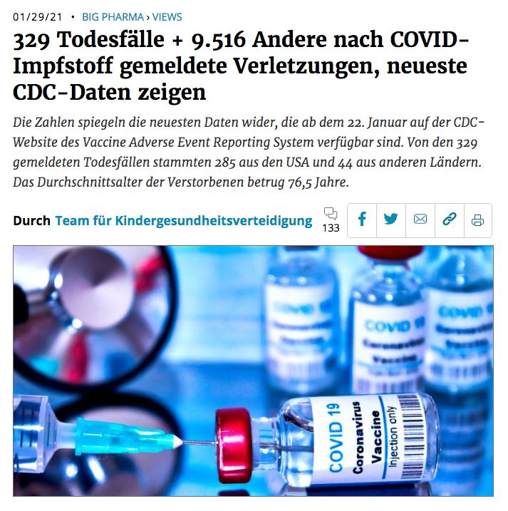 CDC:329 TODESFÄLLE + 9.516 Andere nach COVID-Impfstoff gemeldete Verle...