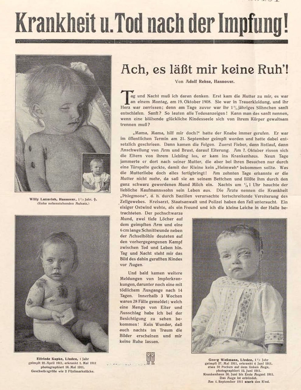 Flugblatt des Deutschen Reichsverbands zur Bekämpfung der Impfung, um 1911.