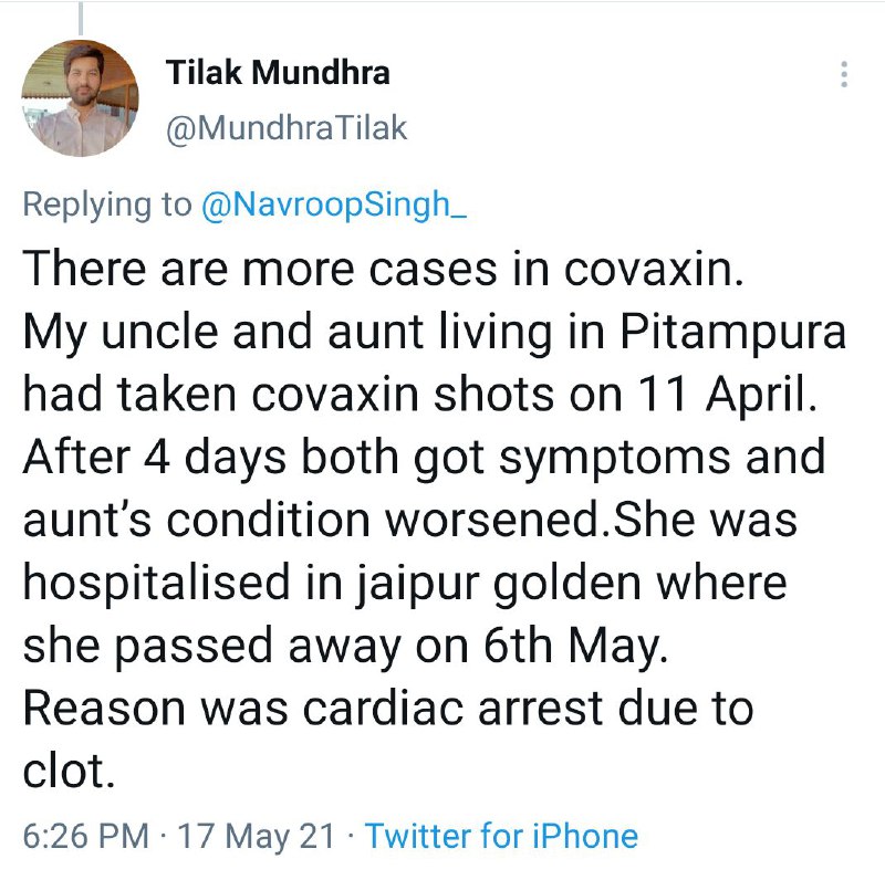 India: post vaccination death #1499New Delhi: PitampuraAunty of Tilak ...