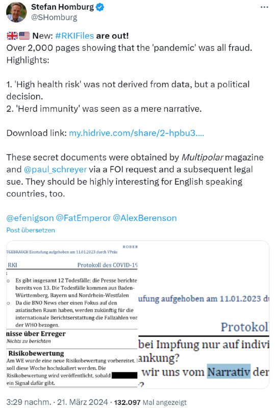 Dr. Stefan Homburg: RKI Files out. It was all fraud!https://x.com/SHomburg/status/1770819987269181487?s=20Komm.: Damit s...