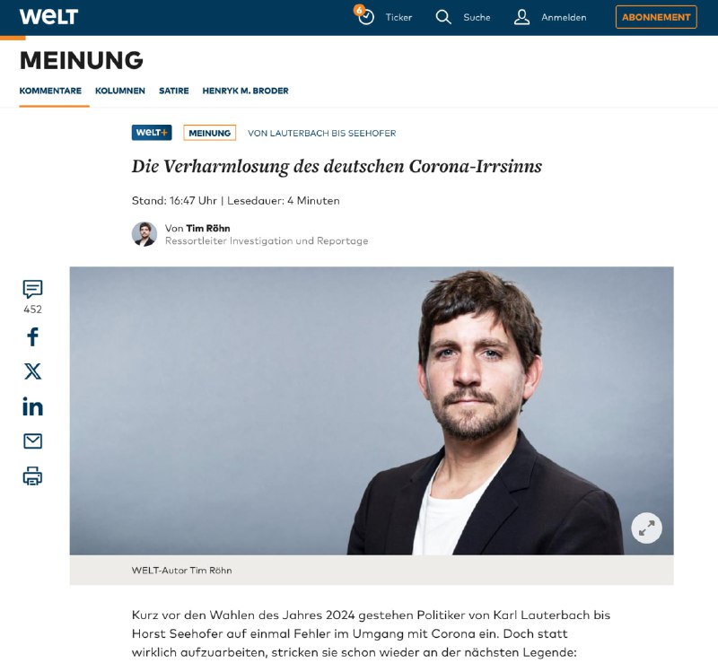 Es gibt Tage, da teile ich sogar Welt-Artikel: Tim Röhn: Die Verharmlosung des deutschen Corona-Irrsinns Post auf X: htt...