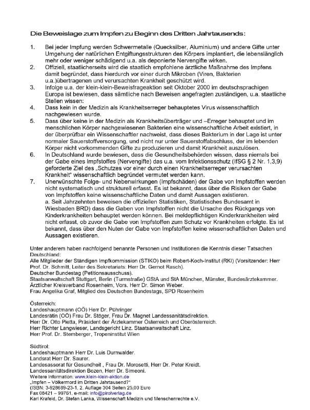 Teil 1 von 2Flugblatt vom 12.05.2002 Die Beweislage zum ImpfenKomm.: Leider auch nach 20 Jahren noch...
