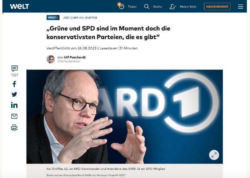 Welt-Chefredakteur Ulf Poschardt befragt ARD-Chef Kai Gniffke:https://...
