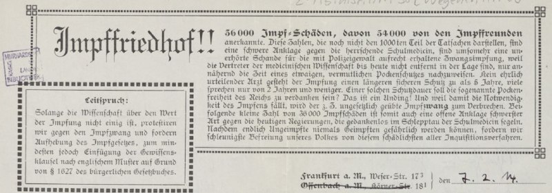 Werbung für das Dokumentationsbuch "Impf-Friedhof" auf dem Briefkopf von 1914 des guten Impfgegners ...