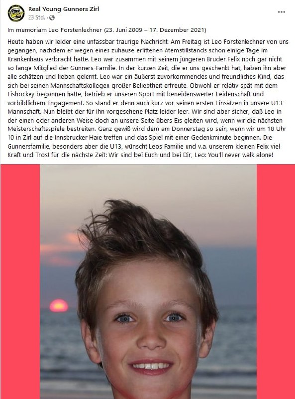 Zirl, Tirol: 12-jähriger Schüler, Fußball- und Eishockeyspieler, nach Atemstillstand plötzlich un...